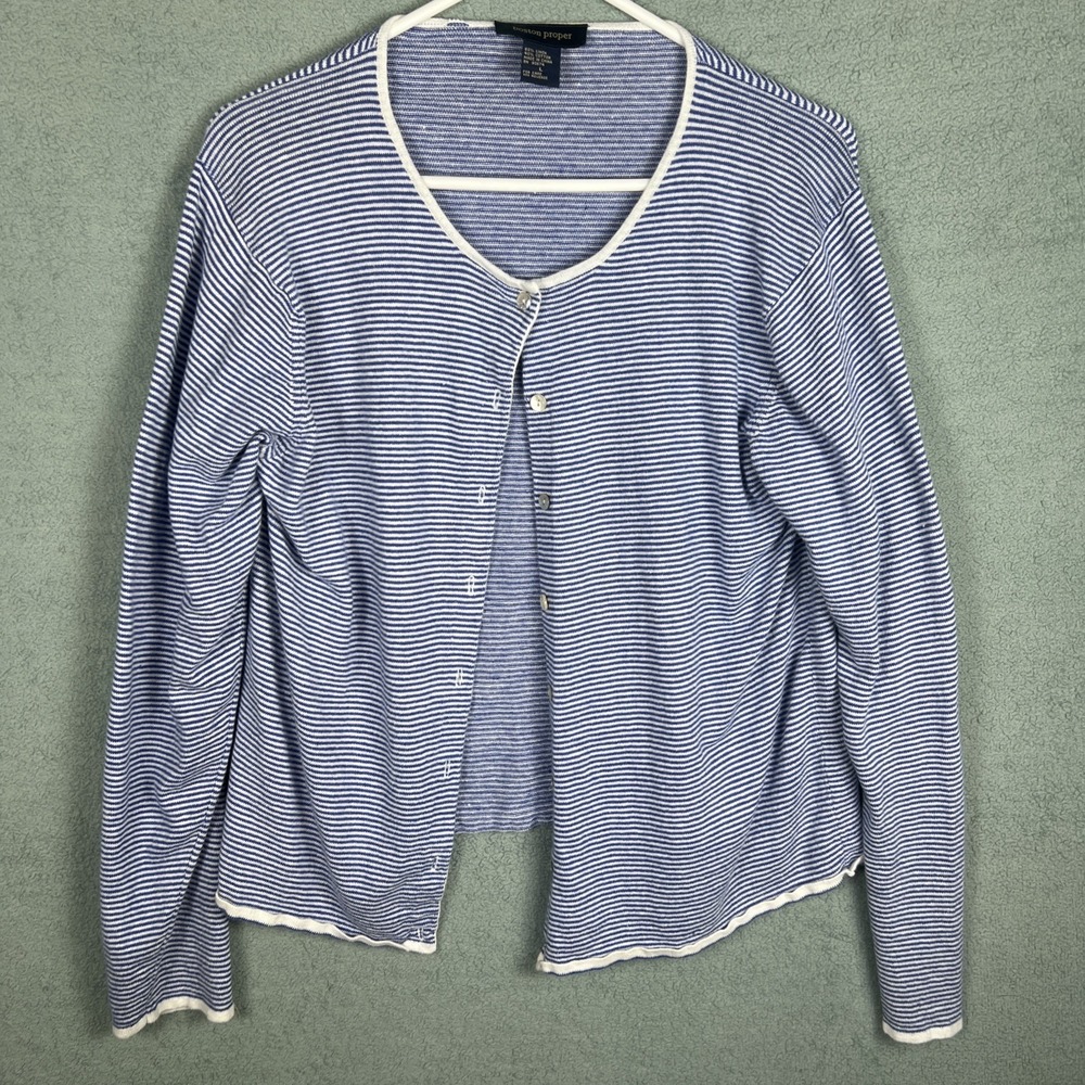 Boston Proper Blue White Striped Linen Cotton Cardigan Women's L